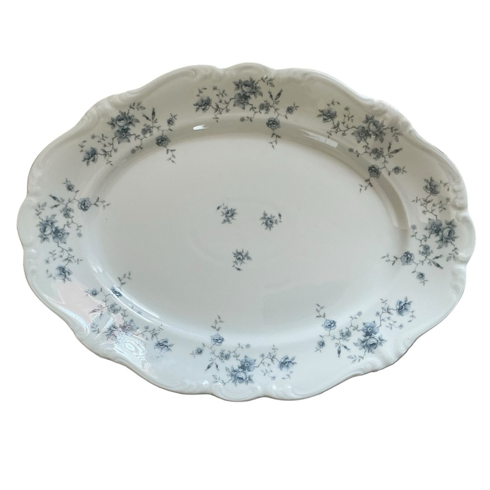 Vintage Johann Haviland Bavaria blue garland oval serving plater 15” silver rim